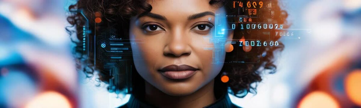 Portrait of african american woman with system codes animation in background. facial recognition concept. Copy space template web site banner