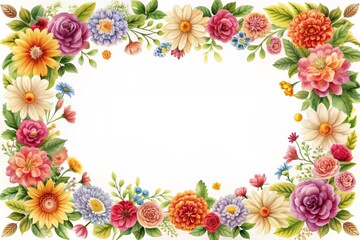 Elegant, colorful floral border frame on a pristine white background, ideal for luxurious Mother's Day, wedding, or congratulatory occasion invitations.