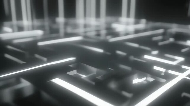 This scene shows an abstract geometric maze pattern with illuminated lines on a dark background. The bright lines form a complex labyrinth design, creating a futuristic and mysterious mood, suitable