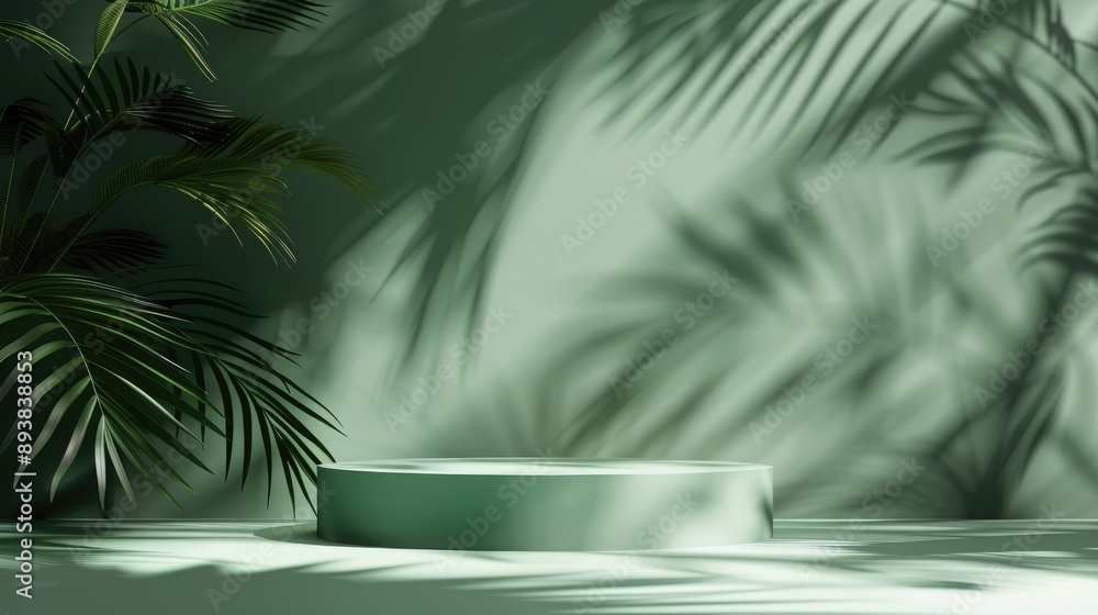 Poster simplified backdrop for cosmetic product presentation with empty podium and tropical palm leaf shado