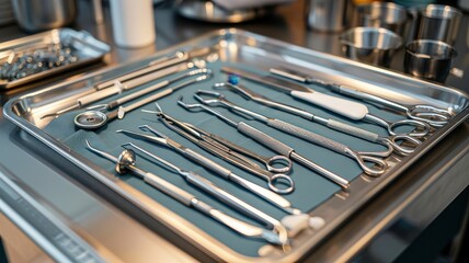 Set of various medical instruments arranged neatly on a tray in a surgical room. Tools ready for surgical procedures in healthcare settings.