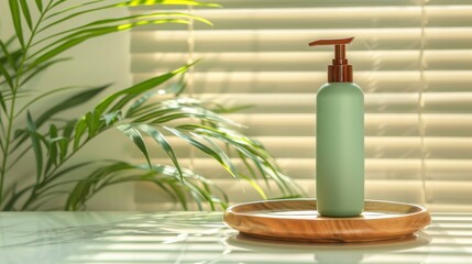 A Green Pump Bottle on a Wooden Tray with a Palm Leaf in the Background