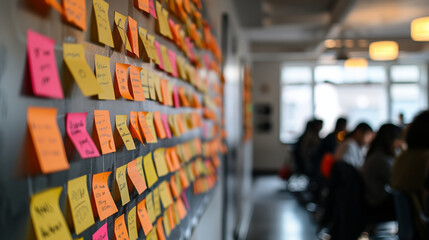 Obraz premium Colorful sticky notes covering office wall showcase brainstorming session in modern workspace. Concept of creativity, collaboration, and idea generation.