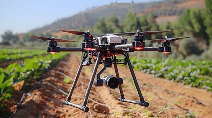 A drone monitoring crops in a futuristic field powered by Smart Agriculture