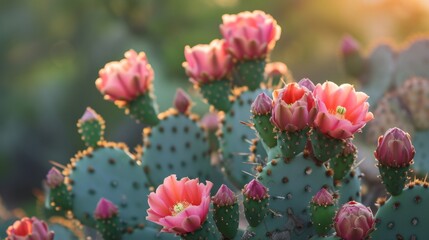 Fototapeta premium Prickly Pear Cactus flowers blooming