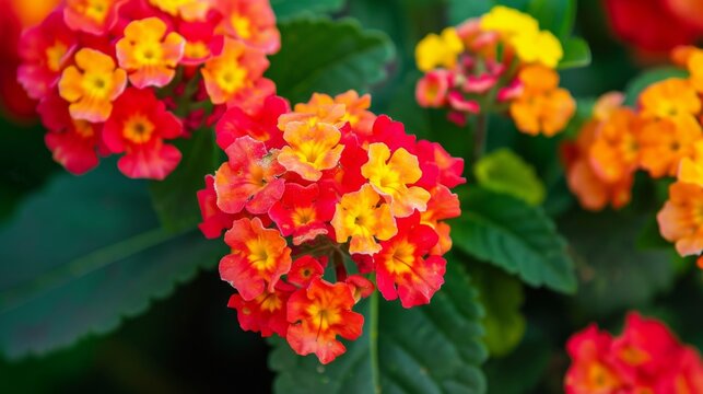 Bright red and yellow Lantana flowers in full bloom