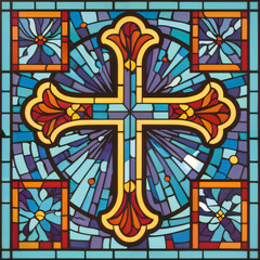 Stained glass church window with a cross, vector style religious art in mosaic medieval design
