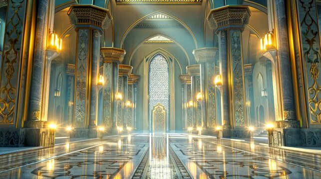 Luxurious grand hall with towering columns and ornate chandeliers. Majestic, elegant and filled with soft sunlight streaming through large windows. 