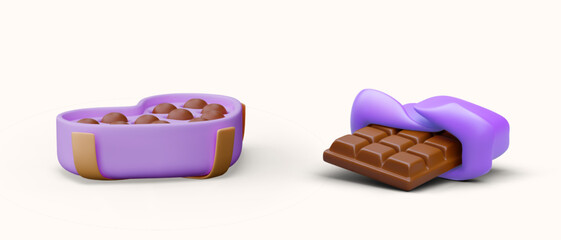 Open box with round chocolates, chocolate bar and unfolded wrapper