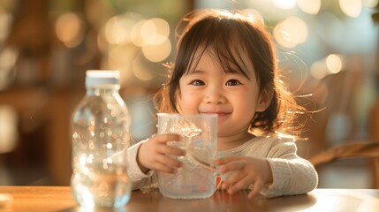 an Asian child is drinking from a bottle, smiling, age 3