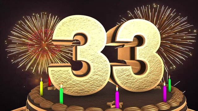 33rd birthday chocolate cake animation 3d render in chocolate gold with confetti and balloon background. 4k