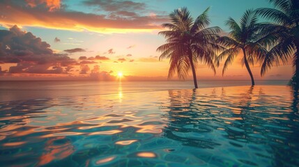 A Tranquil Pool Reflecting a Vivid Sunset Over the Ocean with Palm Trees Silhouetted Against the Sky