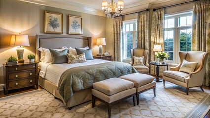 Sophisticated Guest Bedroom with Plush Bedding and Elegant Decor.