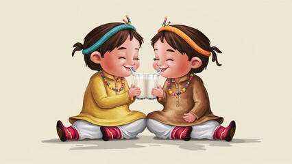 2d illustration of Indian kids wearing kurta and pyjama, sitting and drinking milk illustration images.