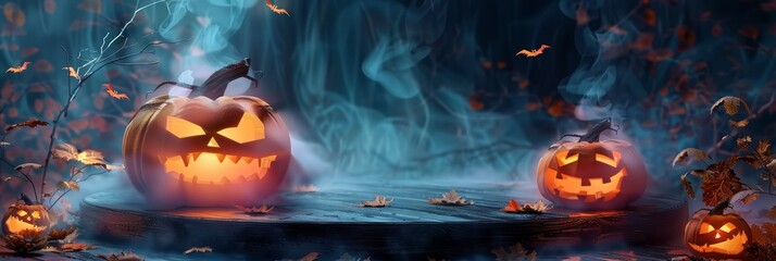  Podium halloween product background pumpkin 3D autumn platform smoke stage. Halloween podium 