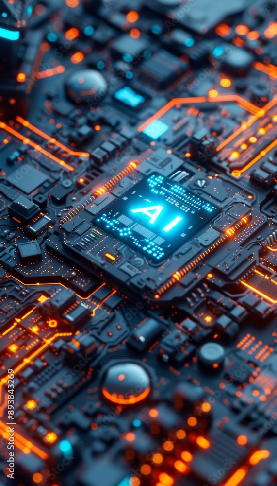 Poster close-up of ai circuit board with glowing lines and components.