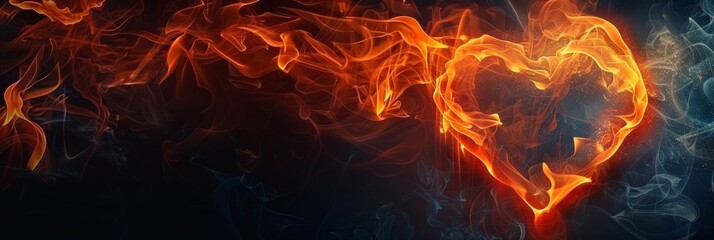 Fototapeta premium Fire heart flame love passion abstract smoke valentine background hot. Heart flame fire black burn 