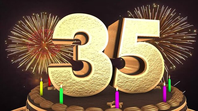 35th birthday chocolate cake animation 3d render in chocolate gold with confetti and balloon background. 4k