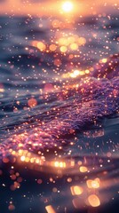 Fototapeta premium Sunset over ocean with sparkling bokeh effects.