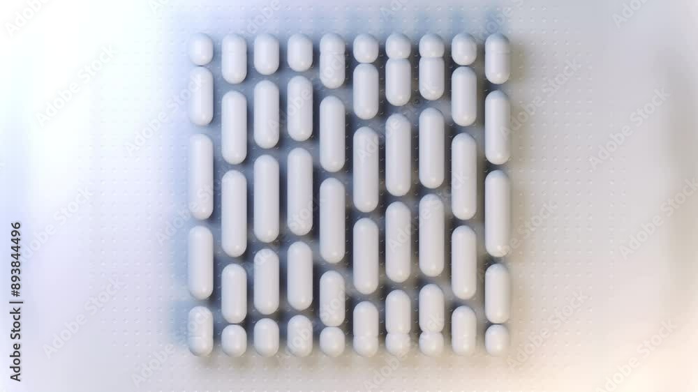 Poster 3d rendering loop animation of a group of floating white shiny capsules 4K