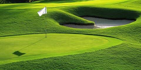 A photo of a golf course in the UK, with green grass, the green and flag, and a sand bunker in the background. Golf and leisure concept.