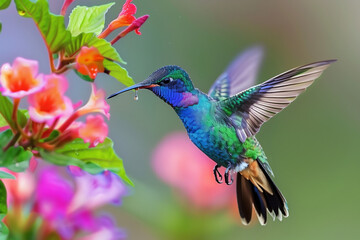 Obraz premium A vibrant hummingbird with iridescent blue and green feathers is hovering in mid-air, sipping nectar from a cluster of pink flowers