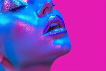 fashion model with metallic silver lips in colorful bright neon blue and purple lights