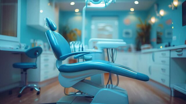 Footage for dentists room office. Closeup different dental instruments and tools, blue toning, slow motion, dental clinic ad, copy space 