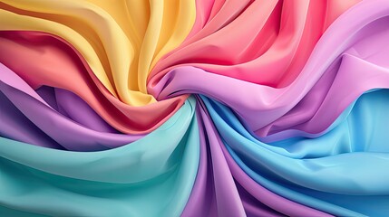 Floating 3D fabric strands in a spectrum of colors, creating a lively abstract background