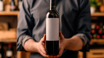a person, clad in a dark-colored short-sleeved shirt, is holding a bottle of blank white lable wine  