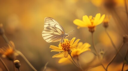 White butterfly resting on a Golden Crownbeard flower