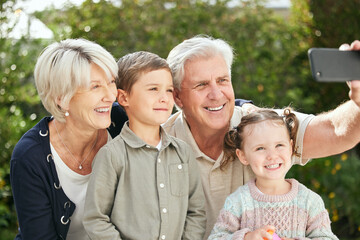 Grandparents, children and smile for outdoor selfie with love, bonding and blog update in garden....