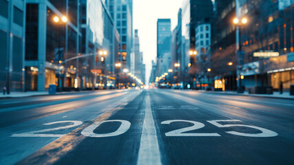 Fototapeta premium An empty city street at dusk, marked with the year 2025, reflecting a futuristic urban landscape.