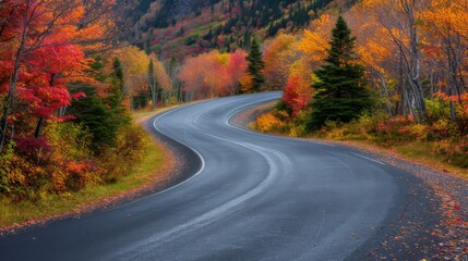 Obraz premium Winding road surrounded by vibrant autumn foliage