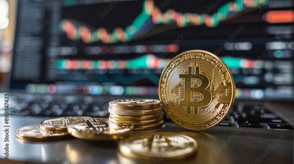 Poster bitcoin coins in front of a financial chart on a computer screen. cryptocurrency trading and investm