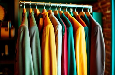Obraz premium rack with colorful male clothes on hangers. Open closet, dressing room for wardrobe at bachelor's apartment interior. Man outfits store.