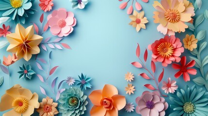 A blue background adorned with colorful paper flowers and leaves forming a decorative floral arrangement