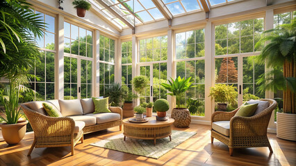 Fototapeta premium Bright and Airy Sunroom with Indoor Plants and Rattan Furniture