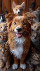 Retrato em Grupo de Cães e Gatos Felizes e Adoráveis em Fundo Branco, Fotorealismo, IA Generativa