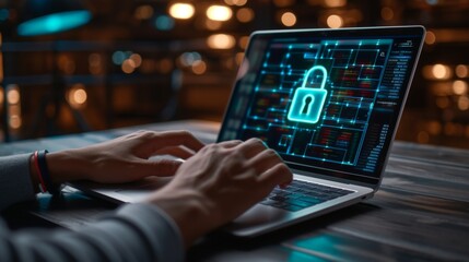 Secure scene of a person using a laptop with a padlock icon displayed on the screen