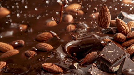 Fototapeta premium Almonds Splashing into Melted Dark Chocolate with Chocolate Chunks