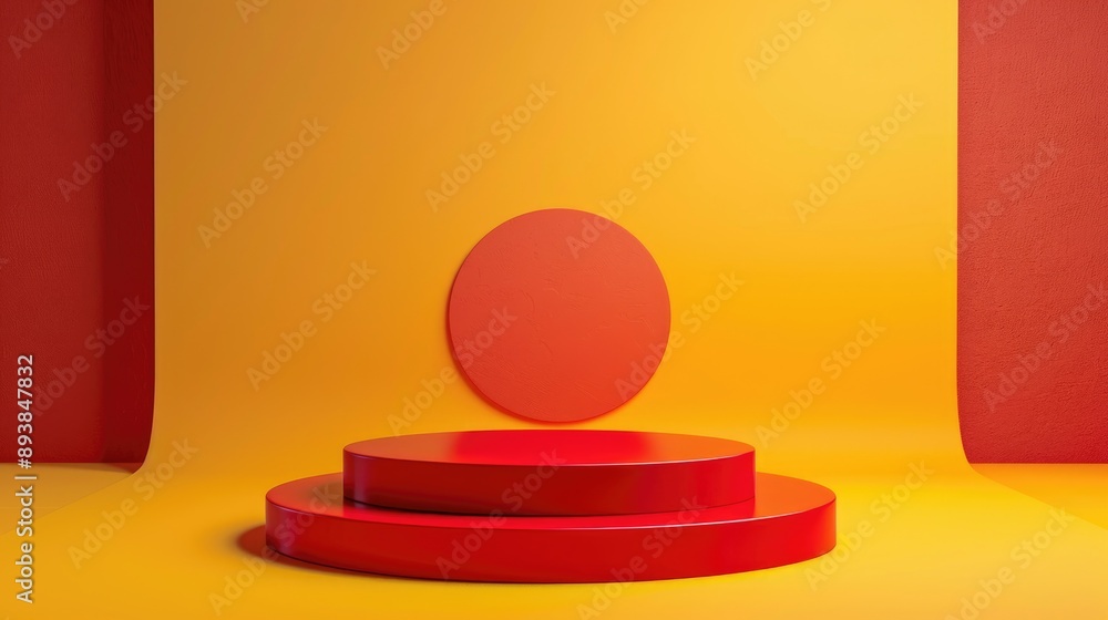 Poster red podium on yellow background with red stand blank shelf display on backdrop
