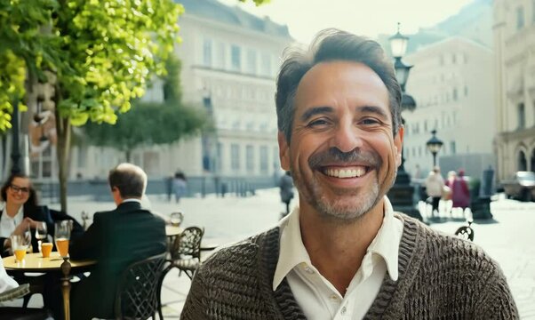 Medium shot portrait video of a grinning man in his 40s that is wearing a chic cardigan against a parisian or european cafe background