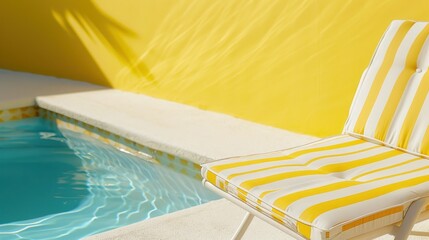Obraz premium Padded yellow-striped lounge chair in sunny pool area.