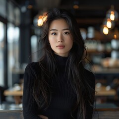 Obraz premium beautiful asian cosmetic model, 22 years old, standing in the modern cafe, black long hair and black eyes ,long lashes