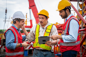 Three men in construction gear are talking to each other