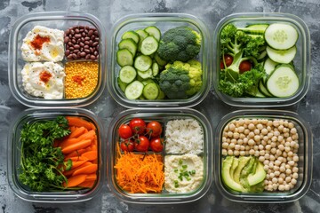 Glass Container. Top View of Vegetarian Lunch Box with Rice, Beans, and Hummus