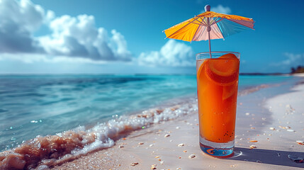 Tropical fruit cocktail decorated with a multi-colored umbrella against the backdrop of a sunny beach.