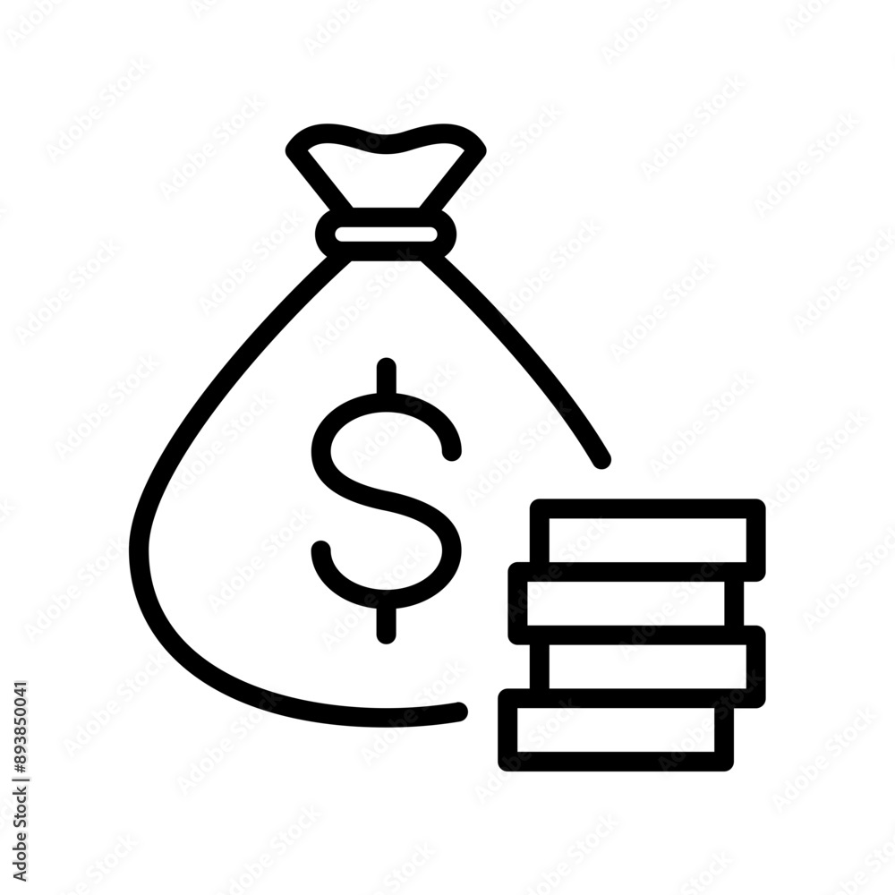 Poster single black money bag with stack of coins line icon, simple finance flat design vector pictogram, i