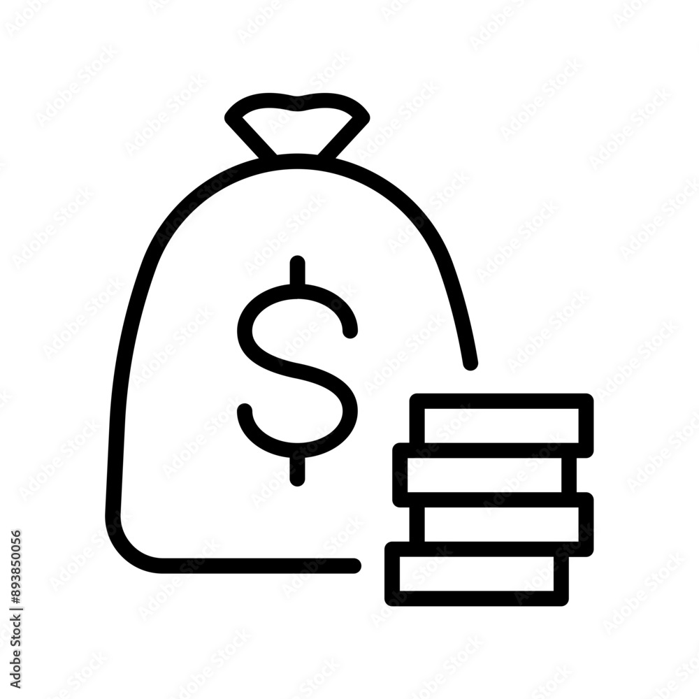 Poster single black money bag with stack of coins line icon, simple finance flat design vector pictogram, i